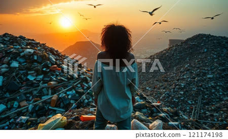 Standing amidst a mountain of plastic waste, a person is observing an extensive landfill filled with discarded items. The atmosphere appears heavy with pollution and urban decay Standing amidst a mountain of plastic waste, a person is observing an extensive landfill filled with discarded items. The atmosphere appears heavy with pollution and urban decay 121174198