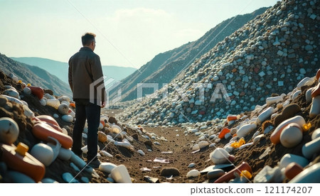Standing amidst a mountain of plastic waste, a person is observing an extensive landfill filled with discarded items. The atmosphere appears heavy with pollution and urban decay Standing amidst a mountain of plastic waste, a person is observing an extensive landfill filled with discarded items. The atmosphere appears heavy with pollution and urban decay 121174207