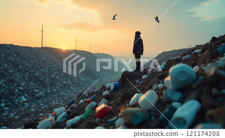 Standing amidst a mountain of plastic waste, a person is observing an extensive landfill filled with discarded items. The atmosphere appears heavy with pollution and urban decay 121174208