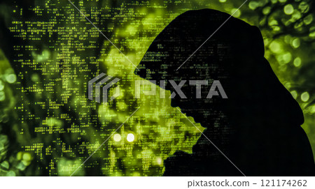 Hooded hacker is programming and creating malware cyberattack Hooded hacker is programming and creating malware cyberattack 121174262