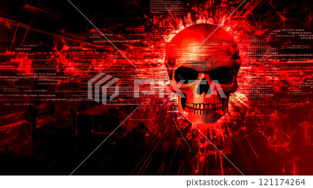 Red skull emerging from binary code in digital world symbolizing cyber crime Red skull emerging from binary code in digital world symbolizing cyber crime 121174264