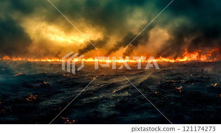 Burning field with line of fire and smoke creating dramatic scene Burning field with line of fire and smoke creating dramatic scene 121174273
