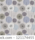 Seamless abstract floral pattern with hand drawn dandelion flower circles in soft winter pastel colors, black outline on grey background. Vintage retro style. For wallpapers, wrapping, print, textile 121174455