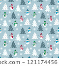Winter seamless pattern with white, snowman with colorful scarf and cap, christmas trees and snowflakes. Graphic design element for wrapping paper, prints, scrapbooking, simple cartoon EPS10 vector. 121174456