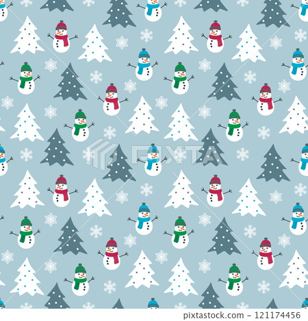Winter seamless pattern with white, snowman with colorful scarf and cap, christmas trees and snowflakes. Graphic design element for wrapping paper, prints, scrapbooking, simple cartoon EPS10 vector. Winter seamless pattern with white, snowman with colorful scarf and cap, christmas trees and snowflakes. Graphic design element for wrapping paper, prints, scrapbooking, simple cartoon EPS10 vector. 121174456