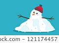 Cuite sad melting snowman with red cap and tears in flat cartoon style, isolated on blue green background. Vector EPS 10 illustration. End of winter and frost, arrival of spring concept 121174457