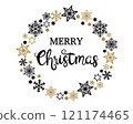 Merry Christmas text. Calligraphic hand drawn lettering design in circle frame from various stars and snowflakes, black and golden beige. Vector EPS 10 for Holiday cards, invitation, print, web 121174465