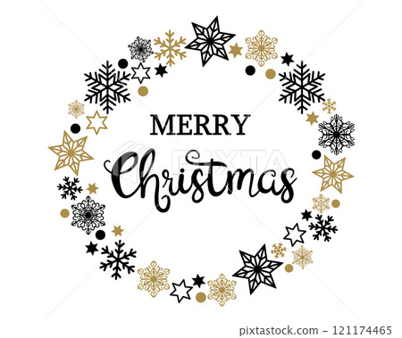 Merry Christmas text. Calligraphic hand drawn lettering design in circle frame from various stars and snowflakes, black and golden beige. Vector EPS 10 for Holiday cards, invitation, print, web Merry Christmas text. Calligraphic hand drawn lettering design in circle frame from various stars and snowflakes, black and golden beige. Vector EPS 10 for Holiday cards, invitation, print, web 121174465