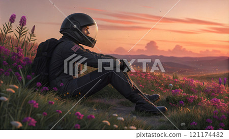 a man in a black spacesuit and a black closed helmet sits in a flower field at sunset 121174482