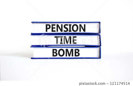 Pension time bomb symbol. Concept words Pension time bomb on books on a beautiful white table white background. Business pension time bomb concept. Copy space. Pension time bomb symbol. Concept words Pension time bomb on books on a beautiful white table white background. Business pension time bomb concept. Copy space. 121174514