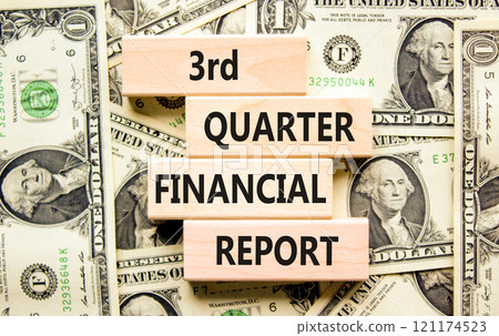 3rd quarter financial report symbol. Concept words 3rd quarter financial report on beautiful wooden blocks. Beautiful dollar background. Business 3rd quarter financial report concept. Copy space. 121174523