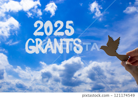 Planning 2025 grants new year symbol. Concept words 2025 Grants on beautiful blue sky. Beautiful blue sky clouds background. Hand with wooden bird. Business 2025 grants new year concept. Copy space. Planning 2025 grants new year symbol. Concept words 2025 Grants on beautiful blue sky. Beautiful blue sky clouds background. Hand with wooden bird. Business 2025 grants new year concept. Copy space. 121174549