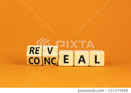 Reveal or conceal symbol. Turned wooden cubes and changed word Conceal to Reveal. Beautiful orange table orange background, copy space. Business reveal or conceal concept. 121174589