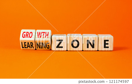 Learning or growth zone symbol. Concept words Learning zone Growth zone on wooden cubes. Beautiful orange table orange background. Business learning or growth zone concept. Copy space. Learning or growth zone symbol. Concept words Learning zone Growth zone on wooden cubes. Beautiful orange table orange background. Business learning or growth zone concept. Copy space. 121174597