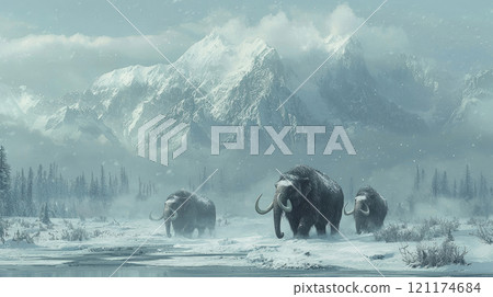 Woolly mammoths roaming snowy tundra with majestic mountains in icy background 121174684