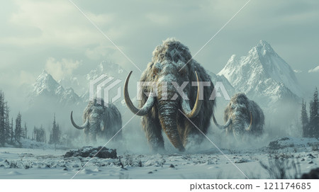Majestic woolly mammoths roaming snowy landscape with mountains in the background 121174685