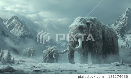 Woolly mammoths roaming snowy mountains in prehistoric winter landscape 121174686