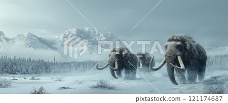 Woolly mammoths roam snowy landscape in front of majestic mountain range under cloudy skies 121174687