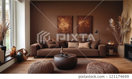 Cozy brown living room with modern decor and natural accents featuring a comfortable sofa and indoor plants 121174699