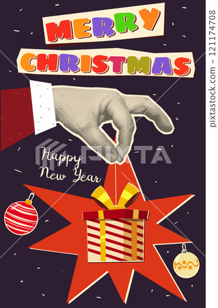 Hand of Santa Claus hold gift box. Christmas and New Year vintage poster 121174708