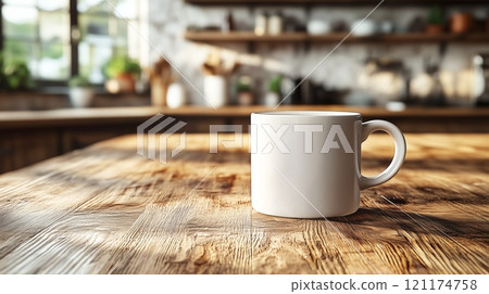 White mug , mockup , plants and with blurred background. Great for overlaying designs for selling mugs. 121174758