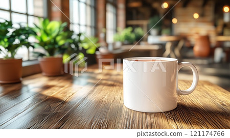 White mug , mockup , plants and with blurred background. Great for overlaying designs for selling mugs. 121174766