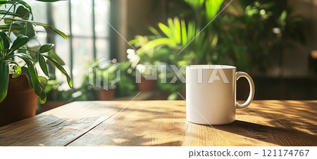 White mug , mockup , plants and with blurred background. Great for overlaying designs for selling mugs. 121174767