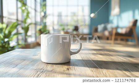 White mug , mockup , plants and with blurred background. Great for overlaying designs for selling mugs. White mug , mockup , plants and with blurred background. Great for overlaying designs for selling mugs. 121174768