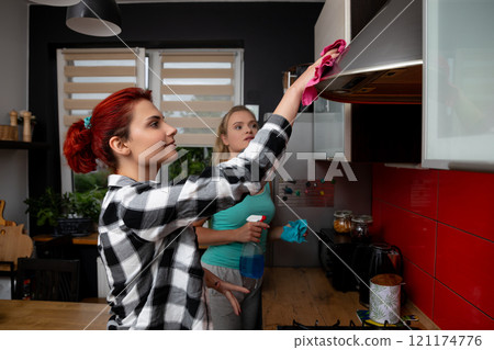Two women clean the kitchen together in a modern interior, creating a neat environment Two women clean the kitchen together in a modern interior, creating a neat environment 121174776