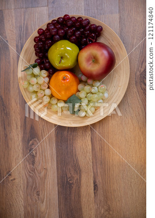A Colorful Assortment of Fresh and Delicious Fruits Arranged Artistically in a Rustic Bowl 121174840
