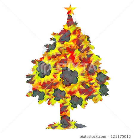 A vibrant explosion of colors forms the shape of a Christmas tree, with shades of red, yellow, and orange interspersed with dark cloud-like shapes. 121175012