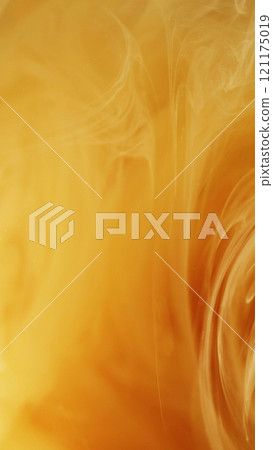 Shimmer wave. Mist texture. Defocused bright yellow orange cloud paint ink dust magic vortex vapor steam moving on abstract art background. 121175019