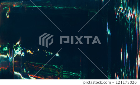 Distortion noise. Glitch overlay. Distressed texture. Green orange white color light flare artifacts waves dust scratch old film effect dark illustration art abstract background. 121175026
