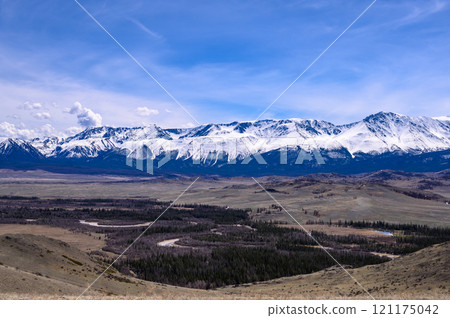 Severo-Chuisky ridge in Gorny Altai. Kosh-Agach district of the Altai Republic, Kuraiskaya steppe. Severo-Chuisky ridge in Gorny Altai. Kosh-Agach district of the Altai Republic, Kuraiskaya steppe. 121175042