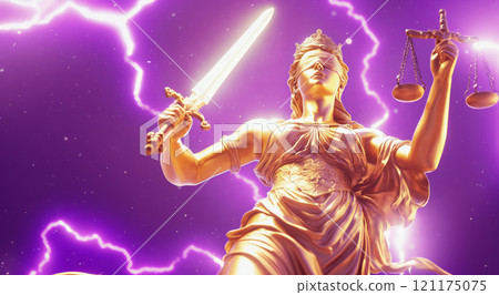 Illustration of the ancient golden statue of Lady Justice, blindfolded, holding a sword and scales 121175075