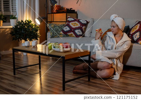 Enjoy a Cozy Evening at Home Surrounded by Healthy Snacks and Perfect Relaxation Moments Enjoy a Cozy Evening at Home Surrounded by Healthy Snacks and Perfect Relaxation Moments 121175152