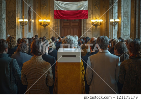 Historic Election Gathering Taking Place in Poland Featuring a Voting Box and National Flag 121175179