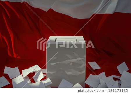 A Voting Box Surrounded by an Abundance of Ballots Set Against the Polish Flag Background 121175185