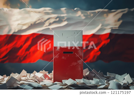An Election Box Positioned Against the Background of the Polish National Flag Colors 121175197