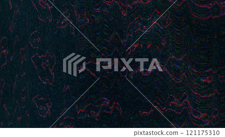 Analog glitch. Static noise texture. TV screen overlay. Red blue green color fuzzy glow electronic artifacts digital distortion waves pattern dark art illustration abstract background. 121175310