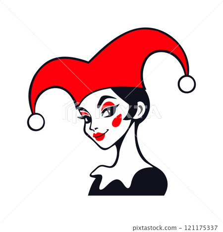 Columbine. One of the principal characters of italian commedia dell arte. Female portrait. Vector isolated illustration 121175337