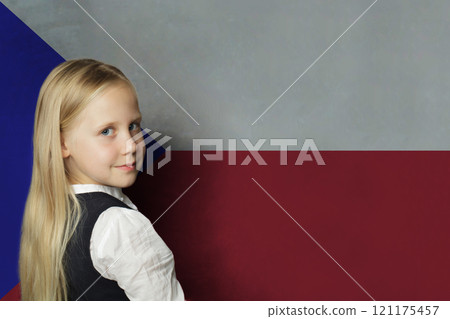 Cute young child girl on Czech flag background. Education and study language  121175457