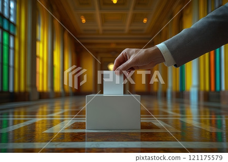 Casting a Vote in a Beautifully Illuminated Hallway Within a Modern Buildings Interior 121175579
