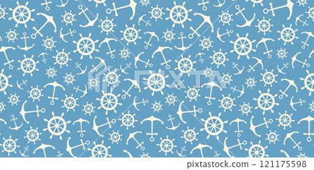 Nautical seamless pattern with ship wheels and anchors 121175598