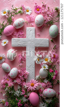 Easter cross is surrounded by colored Easter eggs and colorful flowers on a pastel lilac background. 121175707