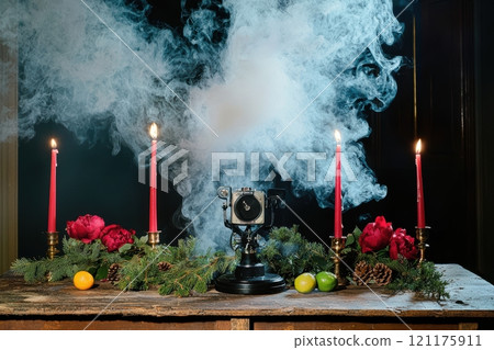 A Mystical Still Life featuring Beautiful Candles and Enigmatic Smoke in a Captivating Scene 121175911