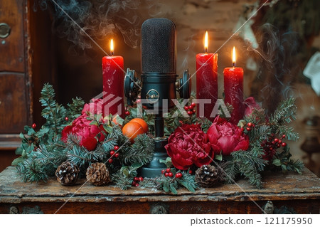 Create a Festive Christmas Centerpiece featuring Beautiful Candles and Elegant Flowers 121175950