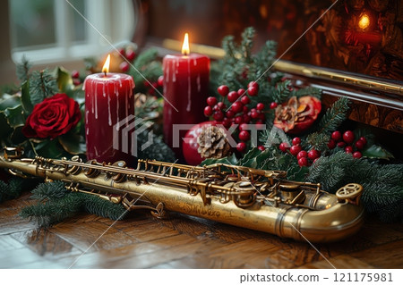 A Festive Saxophone surrounded by Candles and Beautiful Holiday Decorations for atmosphere 121175981