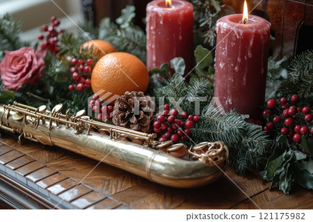 Immerse Yourself in the Festive Holiday Atmosphere with Beautiful Saxophone and Glowing Candles 121175982