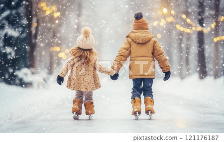 A girl and a boy in a winter jackets and a red hat skates on a evening winter skating rink A girl and a boy in a winter jackets and a red hat skates on a evening winter skating rink 121176187